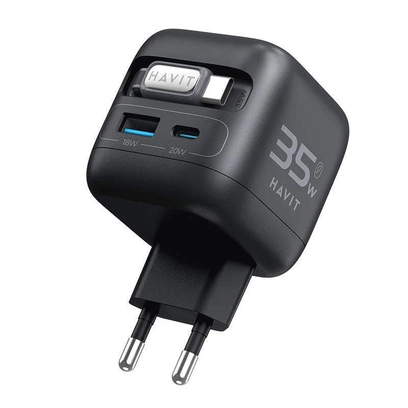 Havit UC250 A-EU GaN-reislader met uittrekbare kabel, zwart