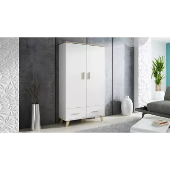 Kledingkast cama meble LOTTA 2D2D, 2 deuren, Sonoma-eiken frame met witte fronten, 1100×550×1900 mm