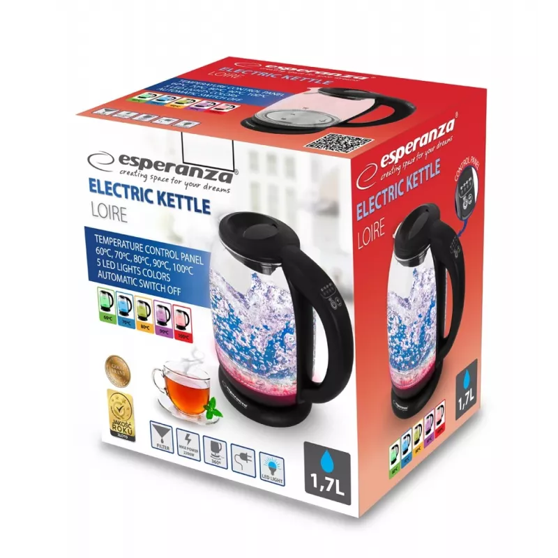 Esperanza EKK027 elektrische waterkoker 1,7 L 2200 W zwart, transparant