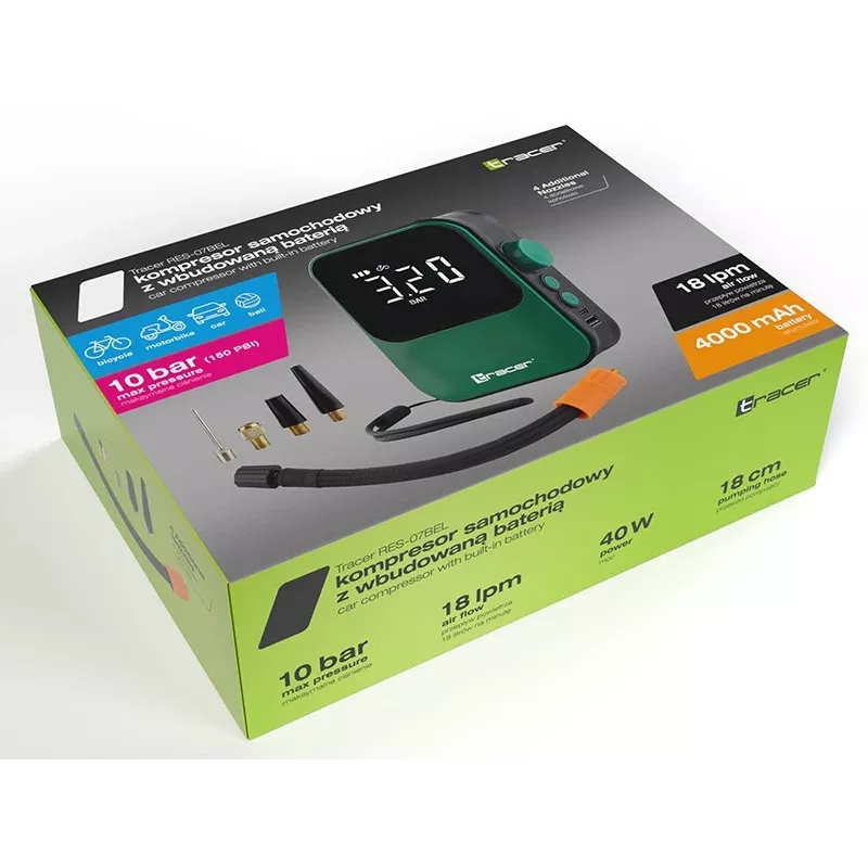 Luchtcompressor TRACER RES-07BEL — draagbare reparatie-/compressoreenheid, model RES-07BEL