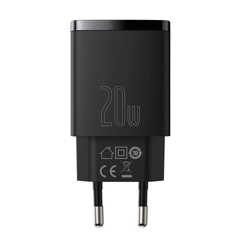 Indoor USB-snellader Baseus CCXJ-B01 – 2 poorten (USB-C PD 20W + USB-A QC3.0 18W), 100–240 V, zwart