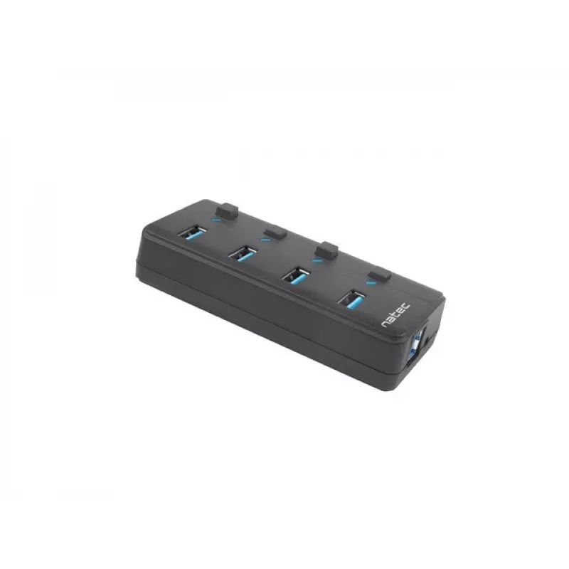 Natec Mantis 2 NHU-1557 usb 3.0-hub met 4 poorten, USB Type-B-ingang, aan/uit-schakelaars, netadapter, zwart
