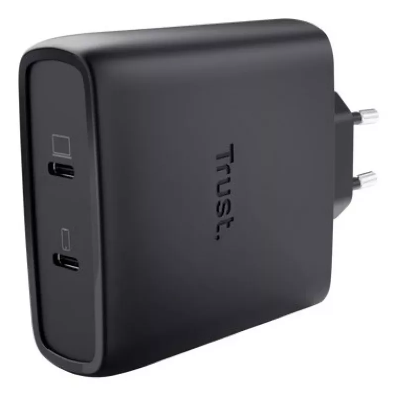 TRUST Maxo 100W 2-poorts USB-C GaN oplader — 100 W, 2× USB-C, max. 20 V, 2 m kabel, zwart