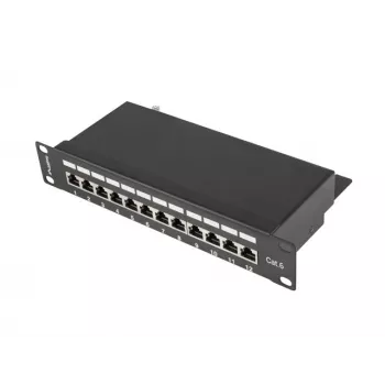 Patchpanel LANBERG PPF6-9012-B — 12-poorts RJ45, metaal, zwart, 1U (215×44,5×130 mm)