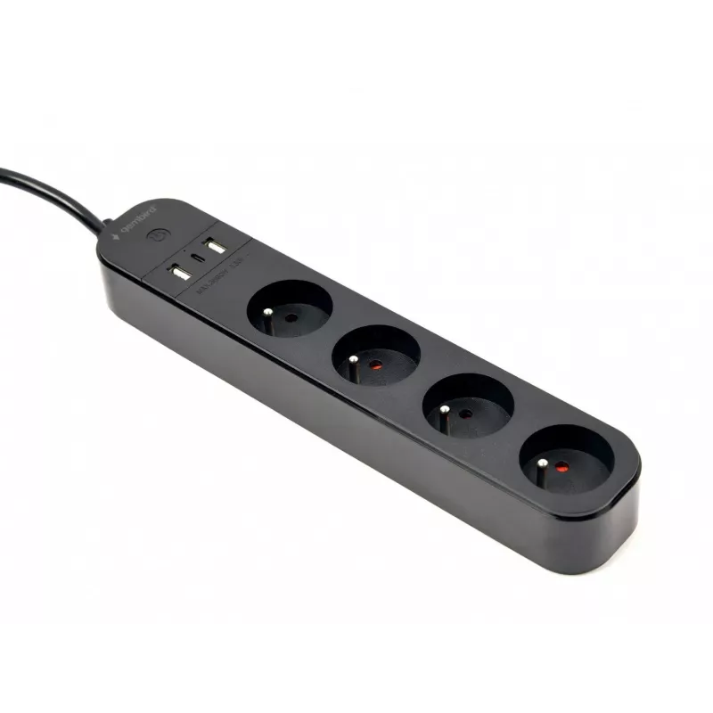 Stekkerdoos GEMBIRD TSL-PS-F4U-02 met 4 PL-stopcontacten en USB-oplader, zwart