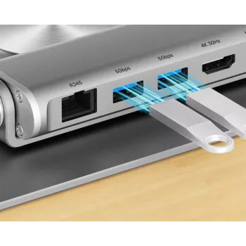 Laptopstandaard Unitek D1109B01 — verstelbare aluminium standaard met afneembare USB‑C HDMI 4K PD 100W, 2x USB‑A, RJ‑45, voor maximaal 17 inch