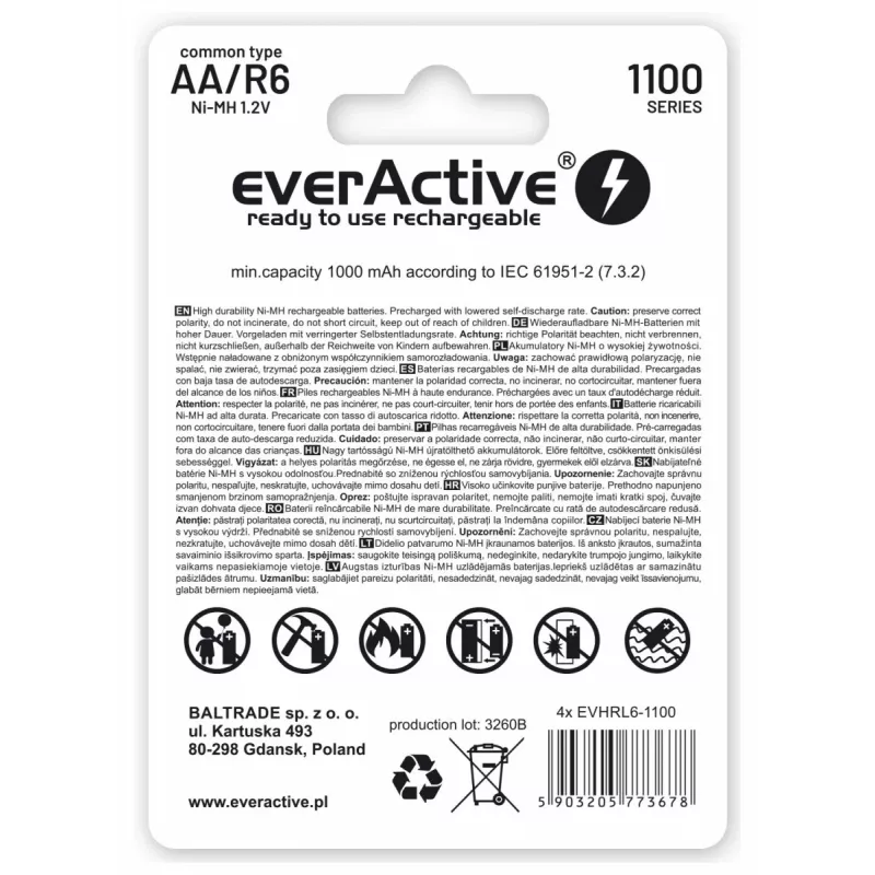 Oplaadbare NiMH-accu's everActive EVHRL6-1100 1,2 V 1100 mAh — 4 stuks, cilindrisch