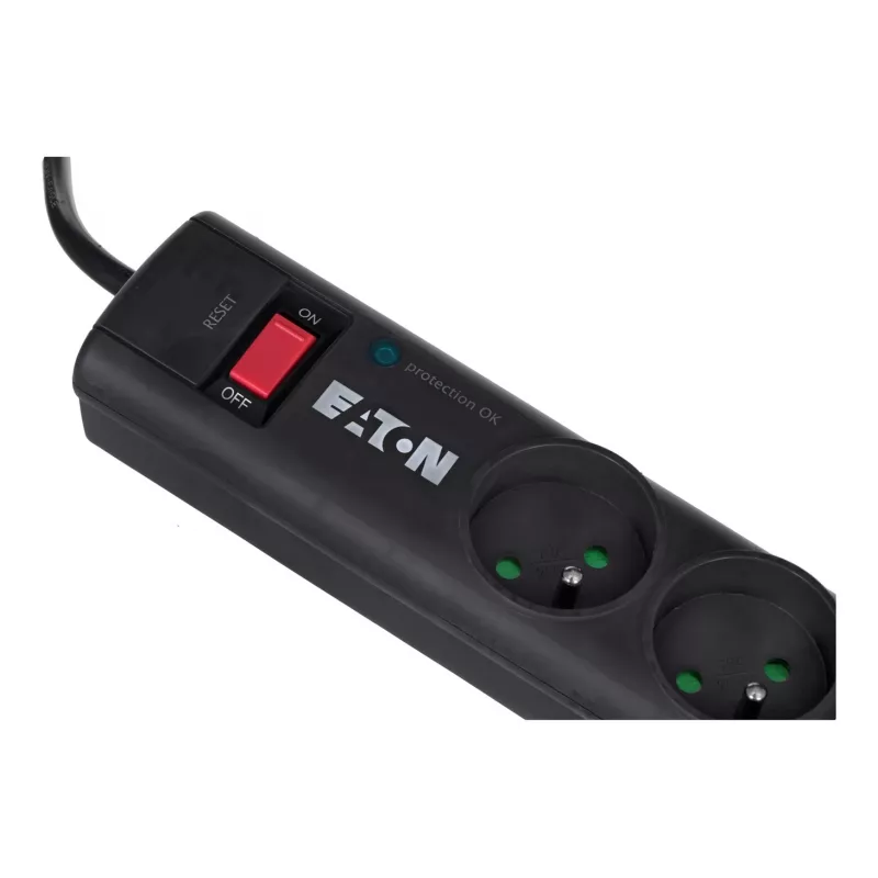Eaton Protection Strip 6 FR PS6F overspanningsbeveiligd stekkerblok, 6x type E-contacten, 10 A, 220-250 V, 2500 W, 1,5 m kabel, schakelaar, zwart