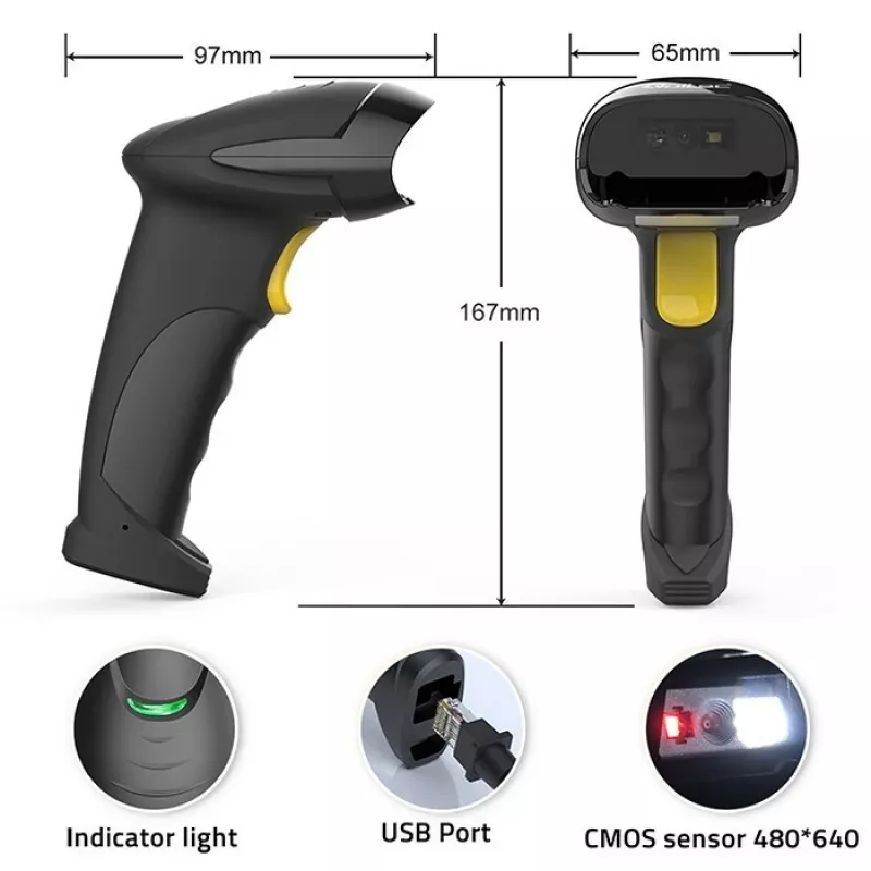 Qoltec 50853 handheld laser-barcodescanner 1D/2D, bedraad USB, 1,65 m kabel, 97x65x167 mm, 105 g, zwart