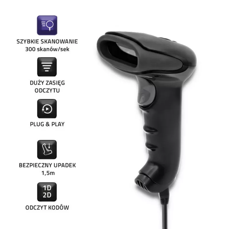 Handbarcodescanner QOLTEC 50868 — 1D/2D-laserscanner, USB bekabeld & draadloos, werkafstand 600 mm, zwart