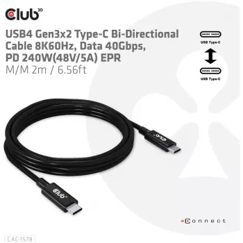 CLUB3D USB4 Gen3x2 Type-C bidirectionele kabel 8K60Hz, data 40Gbps, PD 240W(48V/5A) EPR M/M 2m / 6.56ft