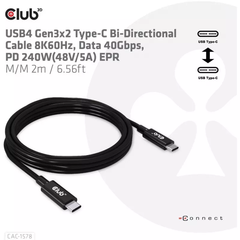CLUB3D USB4 Gen3x2 Type-C bidirectionele kabel 8K60Hz, data 40Gbps, PD 240W(48V/5A) EPR M/M 2m / 6.56ft
