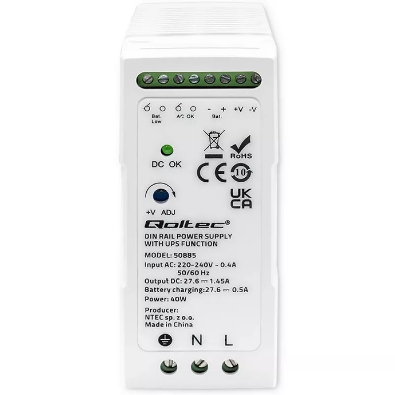 Qoltec 50885 Stabiele DIN-rail voeding met UPS-functie | 40W