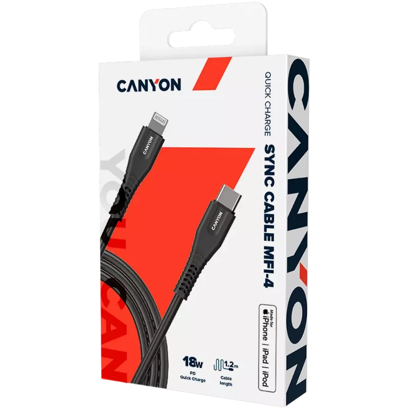 CANYON Kabel MFI-4 Type-C naar Lightning 1,2m zwart
