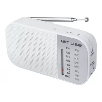 Draagbare radio Muse M-025 RW — analoge FM/MW, wit, op batterijen, externe antenne