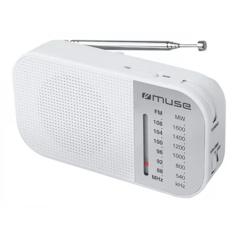 Draagbare radio Muse M-025 RW — analoge FM/MW, wit, op batterijen, externe antenne