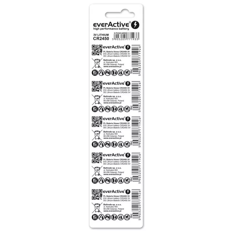 Knoopcel lithiumbatterij everActive CR2450, 3 V, 5 mm hoogte — 5-pack