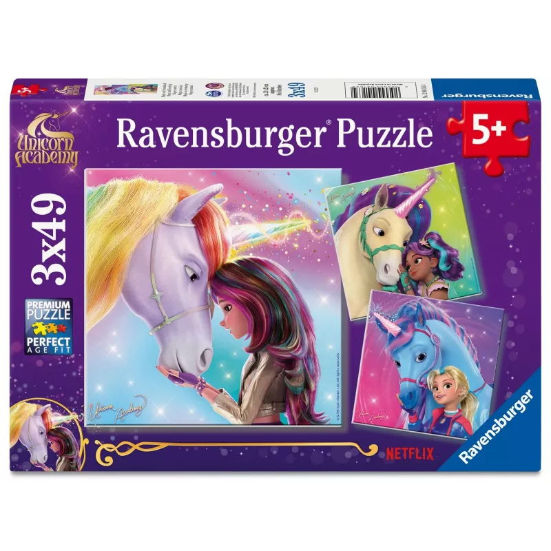 Puzzel Ravensburger Unicorn Academy – 3 x 49 stukjes, set voor kinderen
