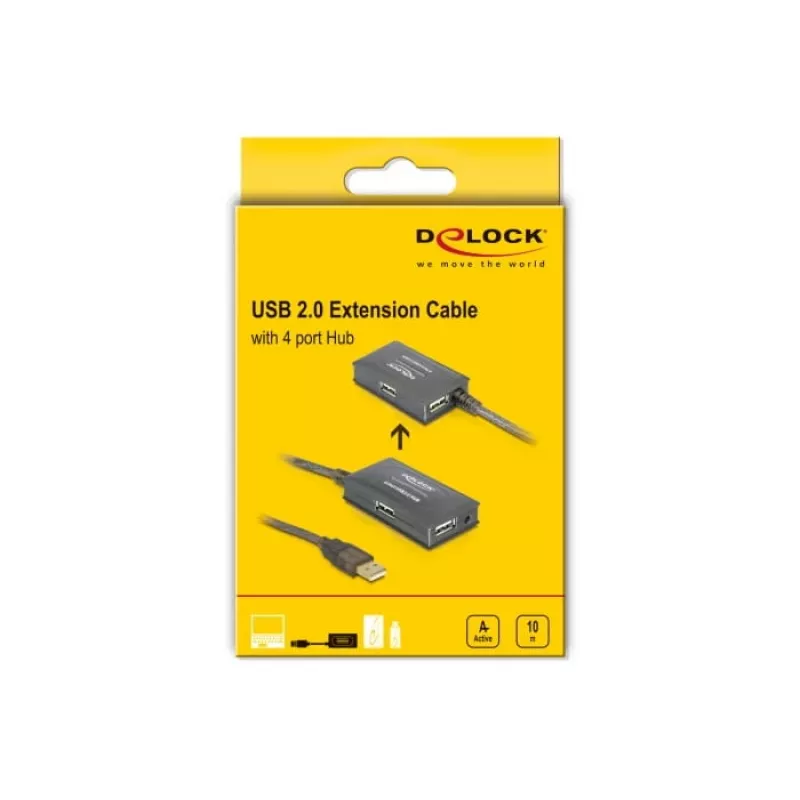 DeLock USB2.0 verlengkabel 10 m actief met 4-poorts hub - hub - 4 x USB2.0 (82748)