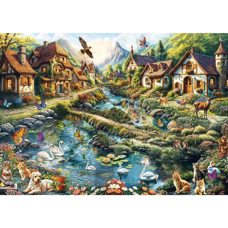 Puzzel 1000 stukjes, Schmidt Spiele dorp aan de bosrand, landschapsillustratie