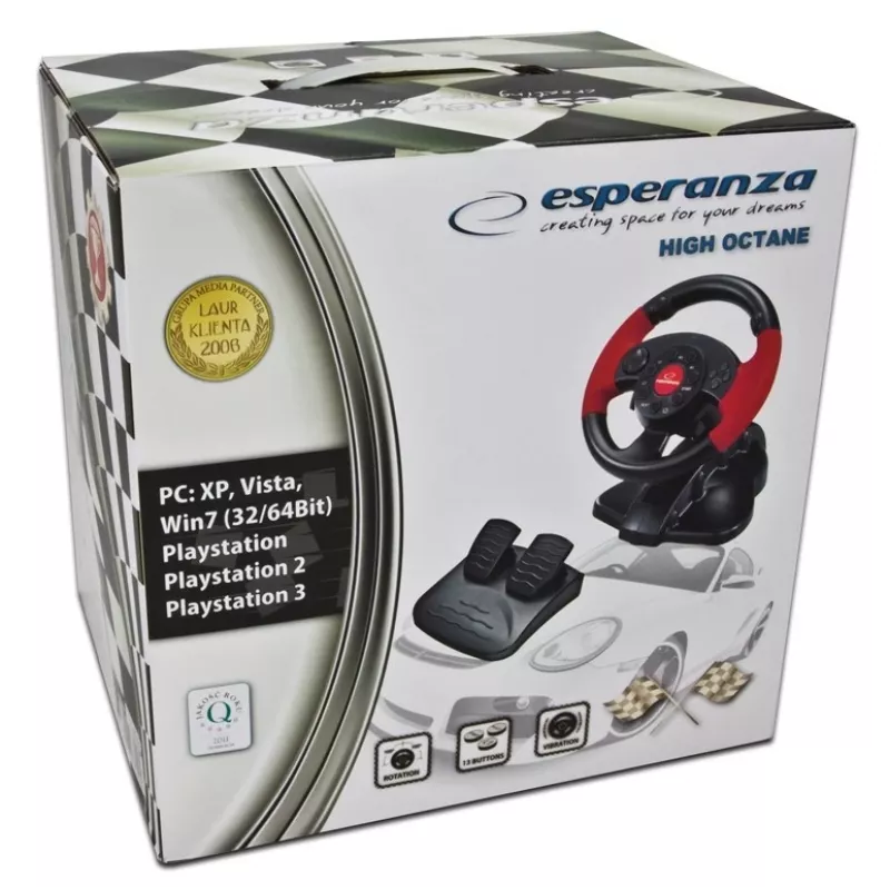 Stuurwiel ESPERANZA EG103 gaming-controller — pc/PS2/PS3, 13 toetsen, vibratie, versnellingssensor, zwart/rood