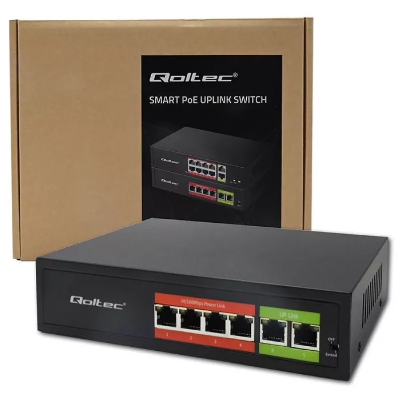 Ethernet PoE-switch QOLTEC 52289 — 4x RJ45 PoE-poorten, 2x RJ45 uplink, 65W PoE-budget