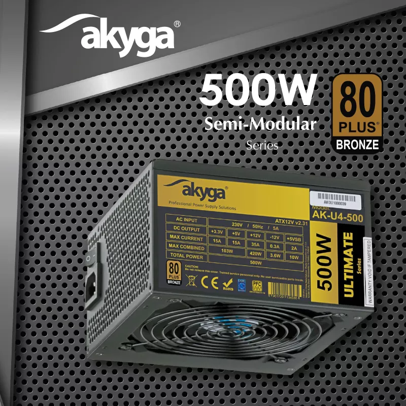 Akyga Ultimate AK-U4-500 ATX-voeding 500 W, 80 PLUS Bronze, actieve PFC, 120mm-ventilator