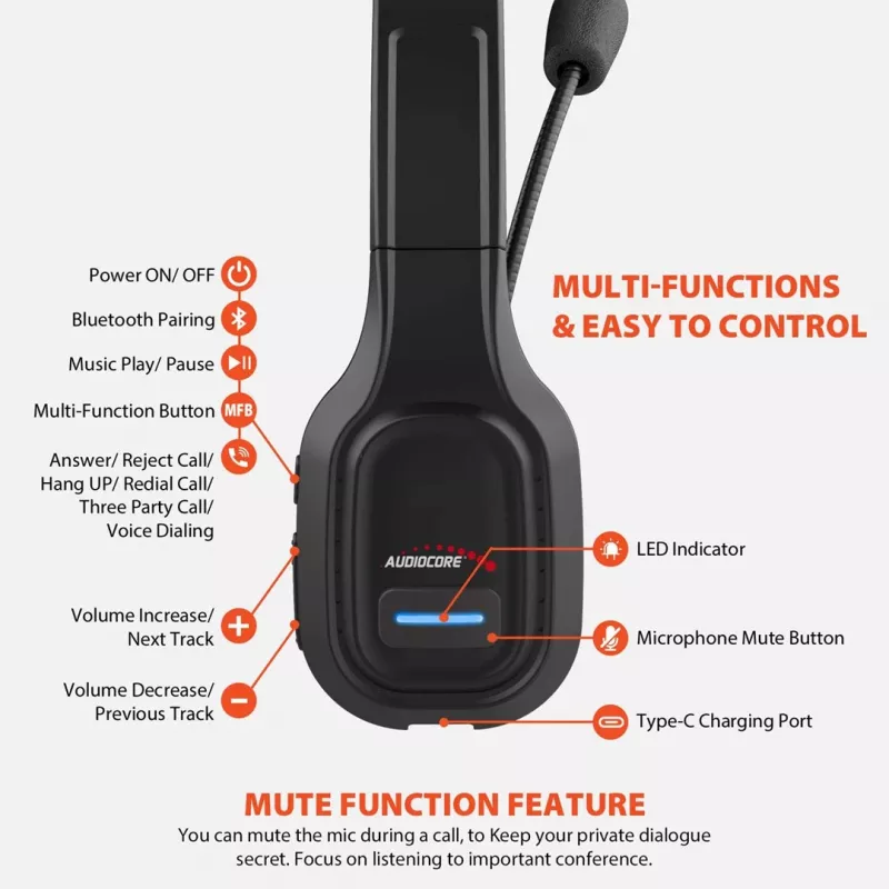 Audiocore 74452 Bluetooth-headset koptelefoon ruisonderdrukking microfoon callcenter Google Siri kantoor draadloos