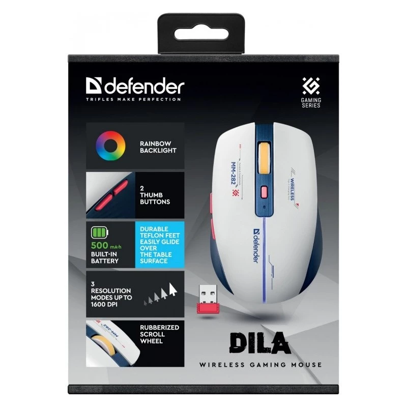Draadloze gaming-muis DEFENDER MM-282 RF — dubbelhandig, optisch 1800 DPI, 5 knoppen, USB, op batterijen