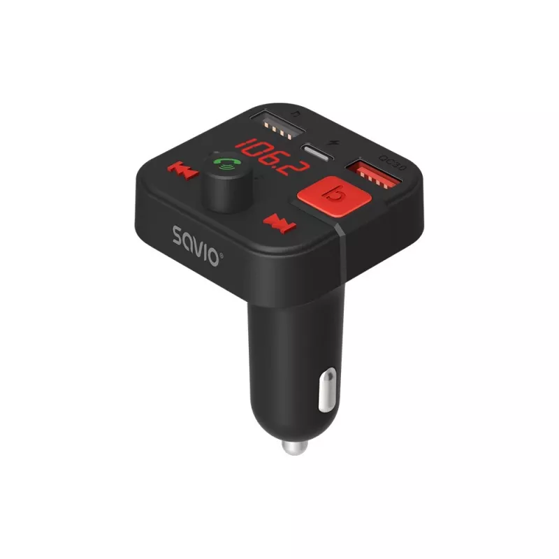 SAVIO FM-zender, Bluetooth 5.3, QC 3.0-oplader, LED-display, bass boost, TR-15, zwart