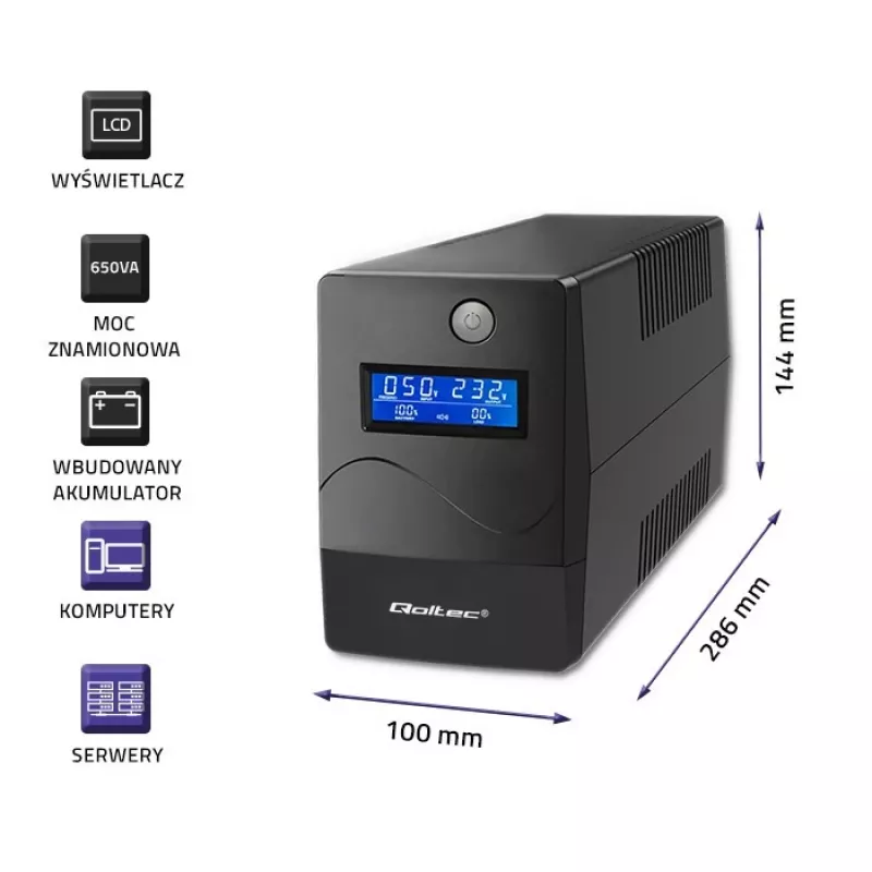 Qoltec Monolith UPS dubbelconversie online 0,65 kVA 360 W 2 stopcontacten