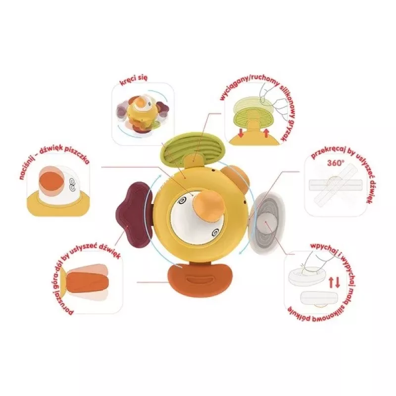 Pluche interactieve sensorische eend Ascato 122946 — zachte textuur, kleurrijk design