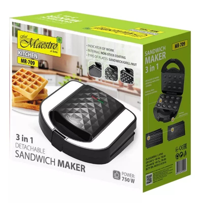 Toaster sandwichmaker Maestro MR-709 3in1 750W – sandwichpers, grill- & wafelplaten, wit