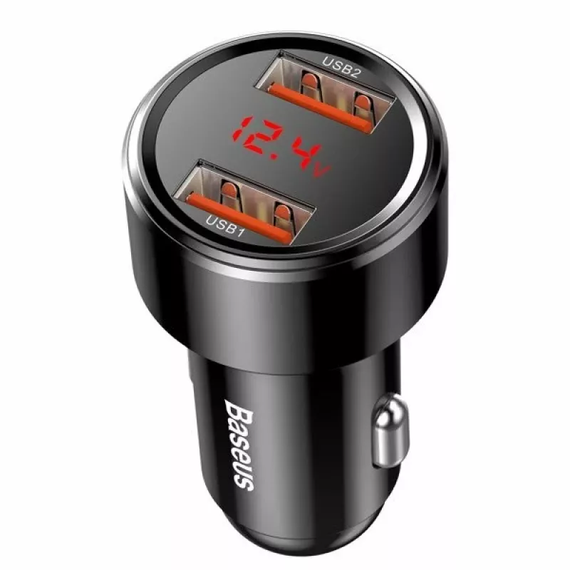 Baseus Magic CCMLC20A-01 autolader, 2x USB-A QC 3.0, 45 W, 6 A, spanningsdisplay, zwart