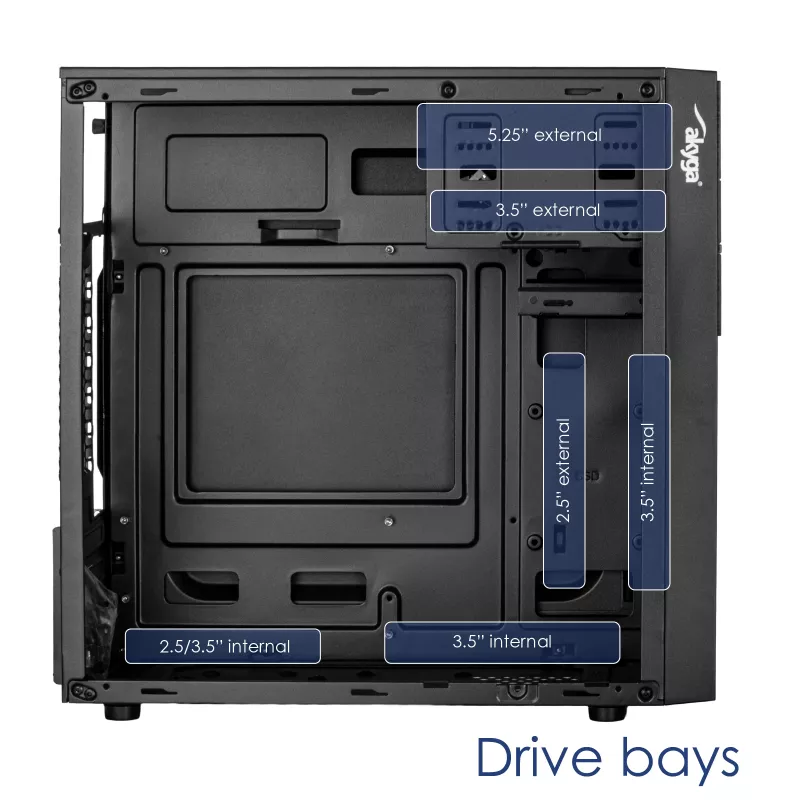 Akyga AK19BK micro-tower-pc-behuizing, Micro-ATX / Mini-ITX, USB-C + USB 3.0 + 2x USB 2.0, zonder voeding, zwart