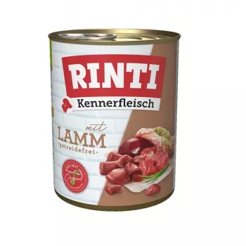 Natriëvoeding voor honden RINTI Lamb Adult 800 g — volledig voer, 77% vocht, 11% eiwit, graan- en sojavrij