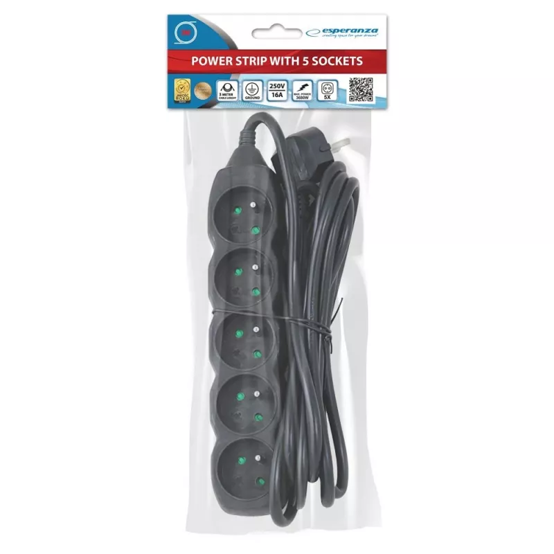 Stekkerdoos ESPERANZA ELK208K — 5 stopcontacten, 3 m kabel, zwart