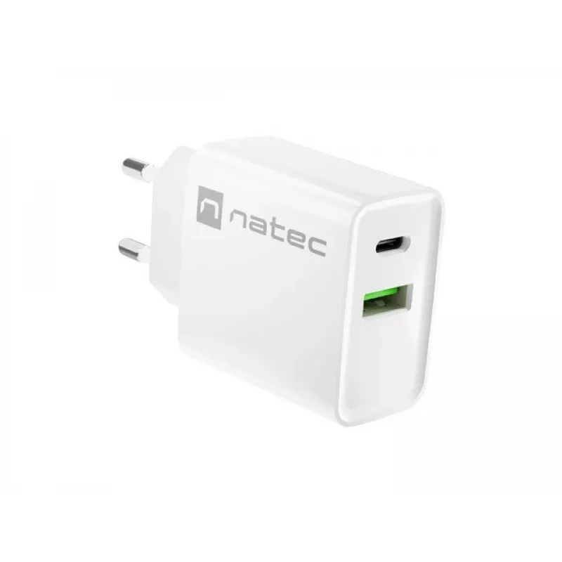 Netvoedingssnellader NATEC RIBERA 12V 20W USB-C PD 3.0 + USB-A Samsung AFC wit