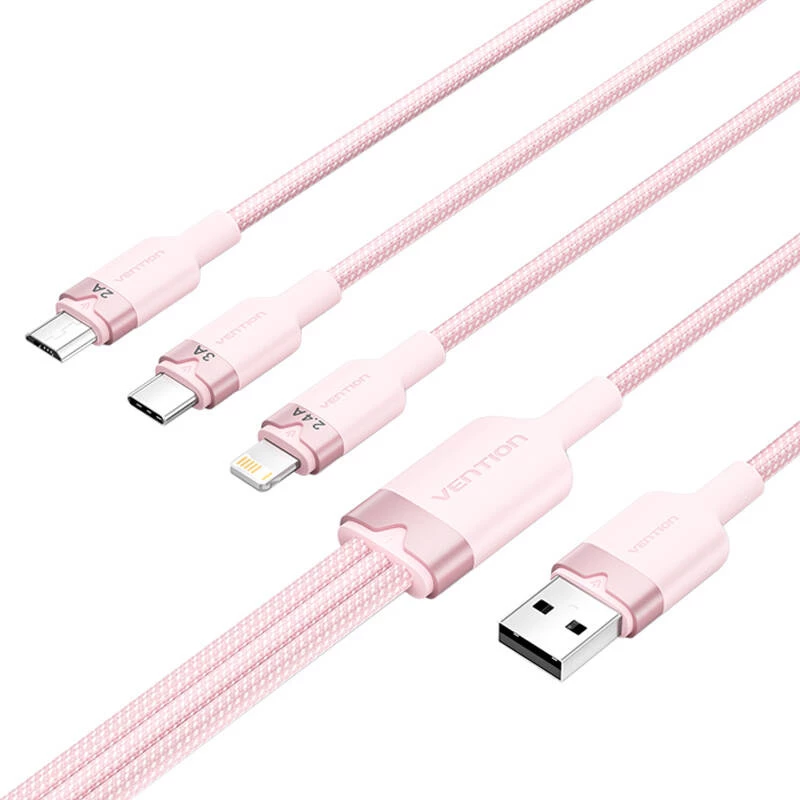 USB 2.0 A naar 3-in-1 3A kabel Vention CTPPG 1,5 m roze