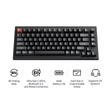 Mechanisch toetsenbord Keychron V1 Ultra 8K — 75% QWERTY, Bluetooth, bekabeld, RGB, zwart