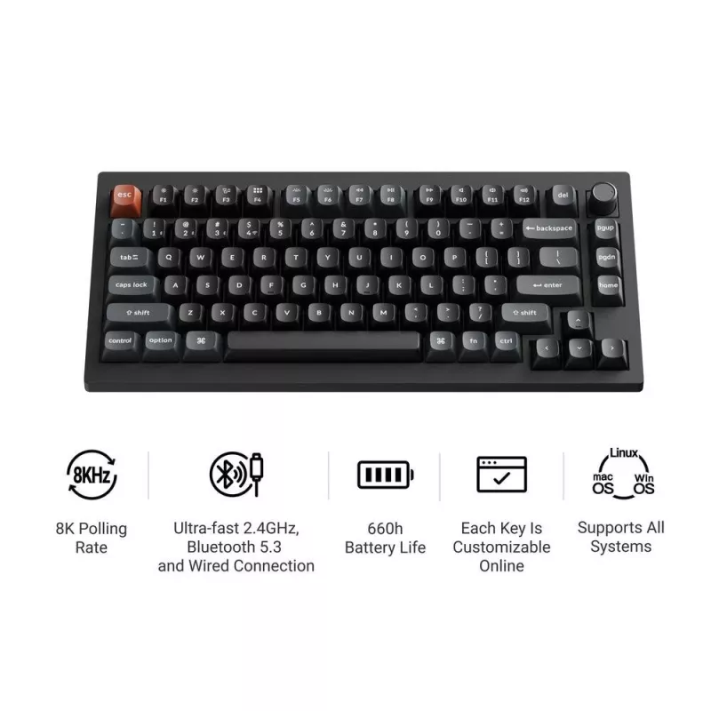 Mechanisch toetsenbord Keychron V1 Ultra 8K — 75% QWERTY, Bluetooth, bekabeld, RGB, zwart
