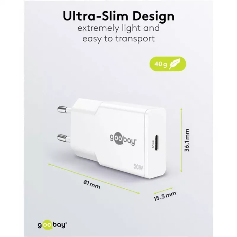 USB-C PD GaN slanke snellader (30 W) (wit)