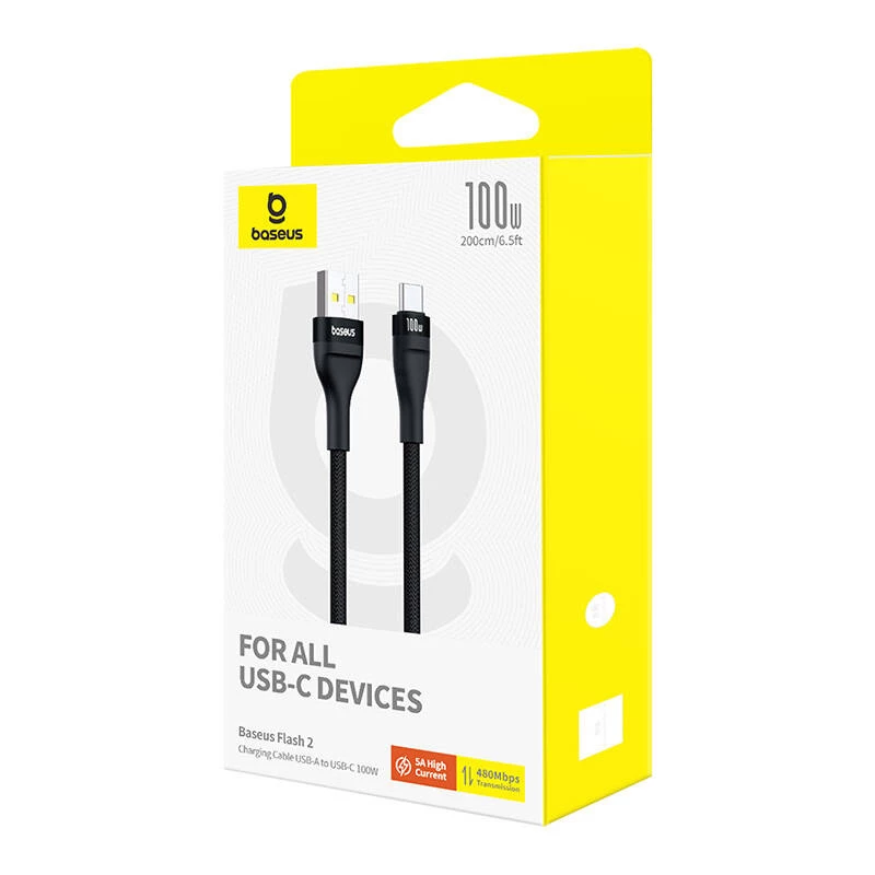 Baseus Flash 2 USB A naar USB C snellaadkabel 2 m 100 W zwart
