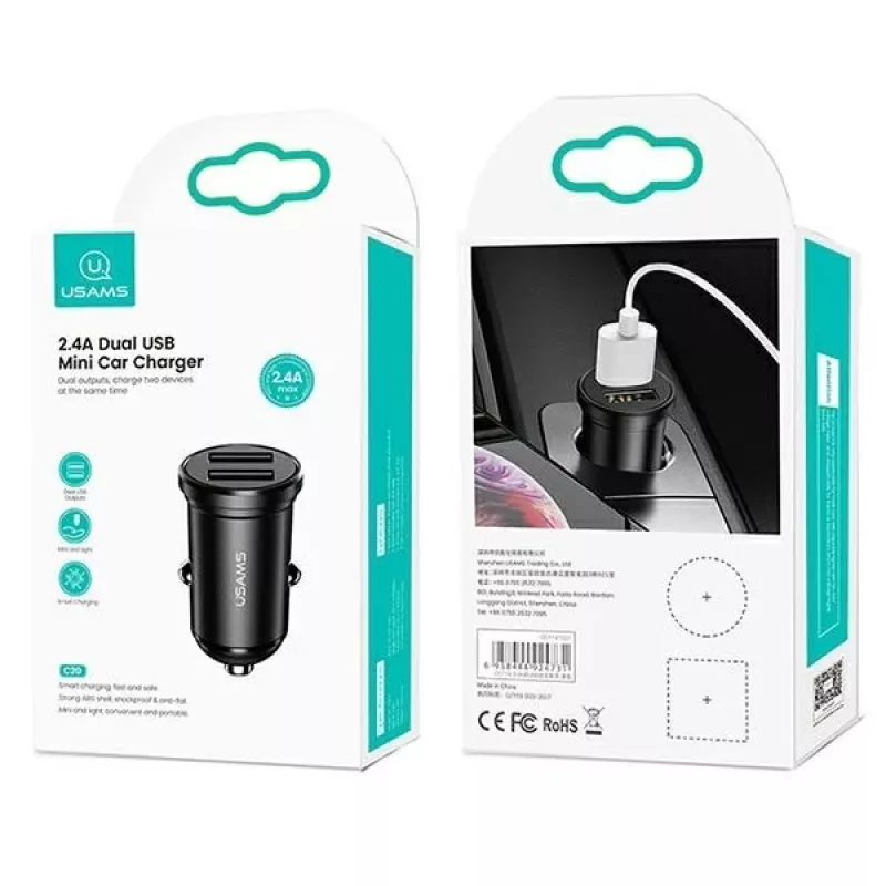Autolader usams USA000867 — Dual USB 2×2,4A, zwart