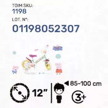 Kinderfiets Toimsa TOI1198 12 inch Peppa Pig design, 12-inch schuimwielen, voorrem, zijwieltjes, mand
