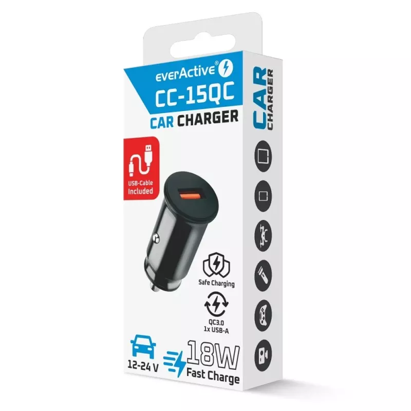Auto-oplader everActive CC-15QC QC3.0 18W 1x USB met kabel