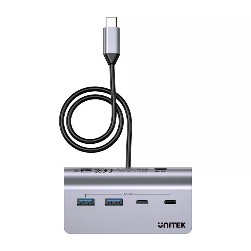 USB-hub Unitek H1337AGY01 – 4 poorten (2×USB-C, 2×USB-A), tot 5 Gbit/s per poort, aluminium, zilver