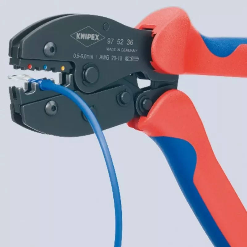 Knipex 97 52 36 PreciForce krimptang 220 mm, 0,5–6,0 mm², 3 krimpnesten, rood/blauw