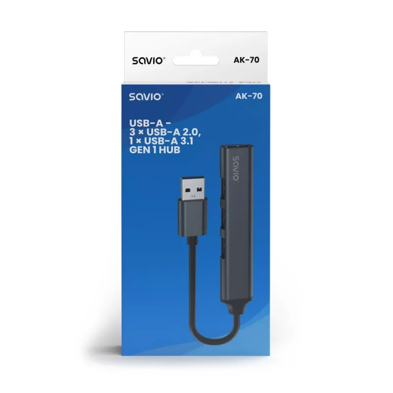 Savio AK-70 USB-A-hub, 4-in-1: 3 x USB-A 2.0 + 1 x USB-A 3.1 Gen 1, 5 Gbps