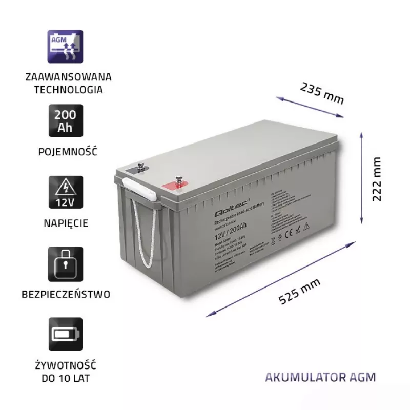 Oplaadbare AGM-batterij QOLTEC 53069 12V 200Ah voor back-upstroomvoorziening en UPS-systemen